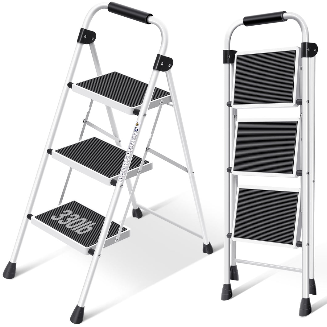 KINGRACK 3 Step Ladder, Folding Step Stool with Handrail & Steel Wide Anti-Slip Pedal and 330lb Capacity, White，WK2207B-3白黑