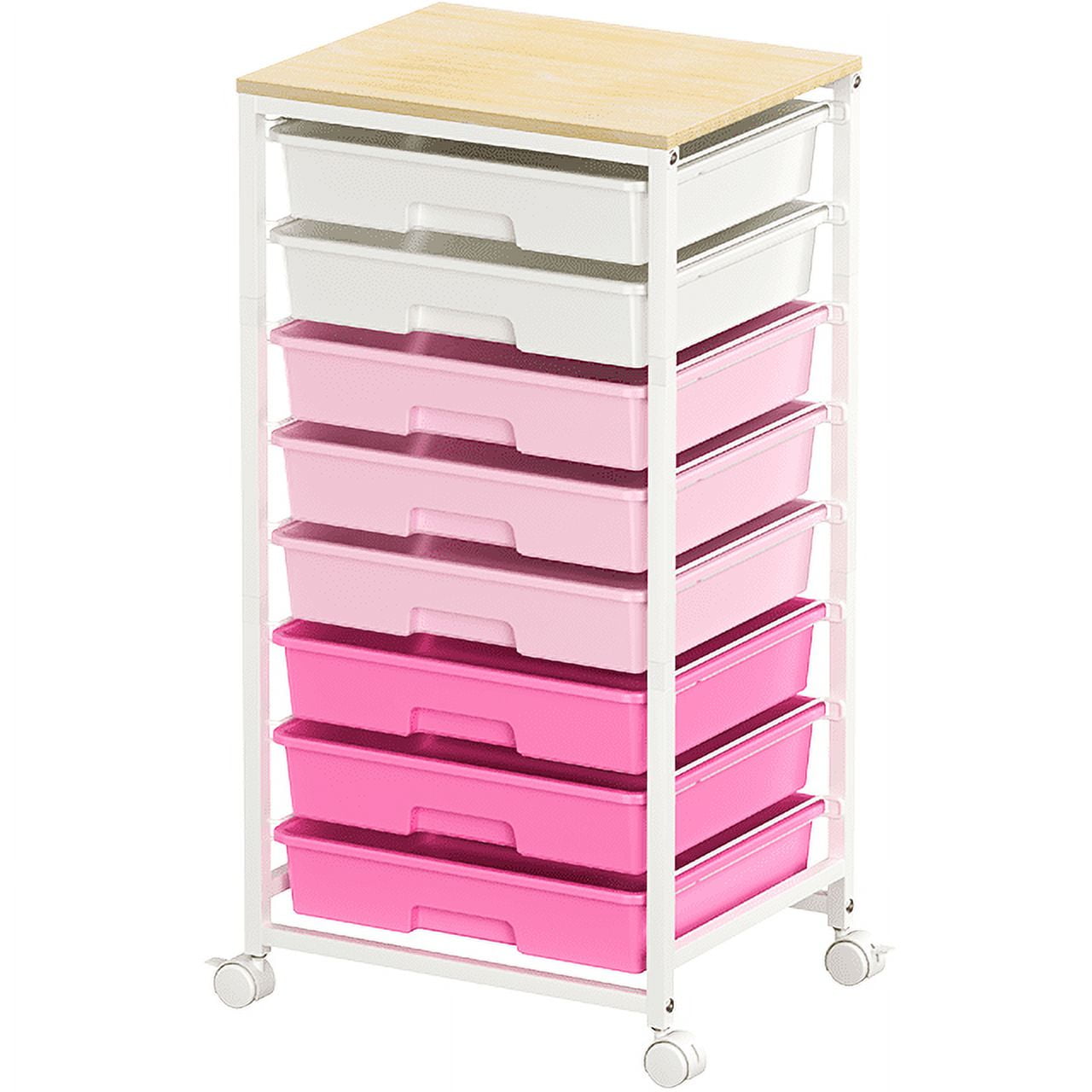 KK KINGRACK Storage Rolling Cart with 8 Drawers,Wooden Tabletop, Metal & Plastic,Pink (WK830924-4)