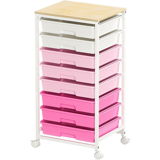 KK KINGRACK Storage Rolling Cart with 8 Drawers,Wooden Tabletop, Metal & Plastic,Pink (WK830924-4)