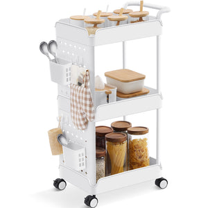 KK KINGRACK 3-Tier Kitchen Rolling Storage Cart,Bathroom Shelf Organizer with Wheels, White,RY810302-W