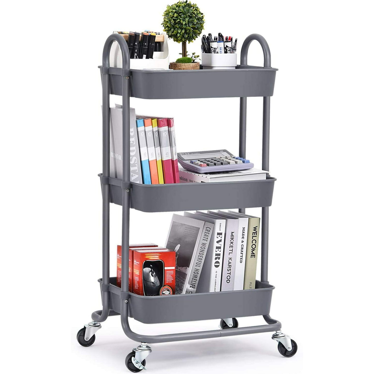 KK KINGRACK' 3 Tier Metal Utility Carts with Wheels, Rolling Cart, Storage Organizer Trolley Cart, Gray，WK830161-4