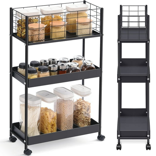 KINGRACK 3-Tier Metal Utility Rolling Cart with Wheels, Garage Storage, Slim Storage Cart for Office Kitchen Bathroom Narrow Place, File Black, RY810076-B