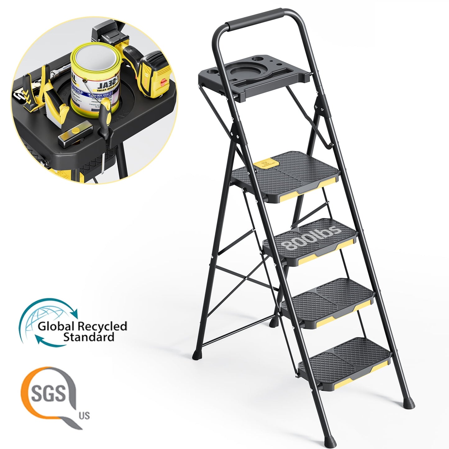Kingrack 4 Step Ladder, 800 lbs Capacity with Tool Platform, Folding Steel Step Stool, Safety Lock, Portable for Home, Painting, Outdoor & Garage
