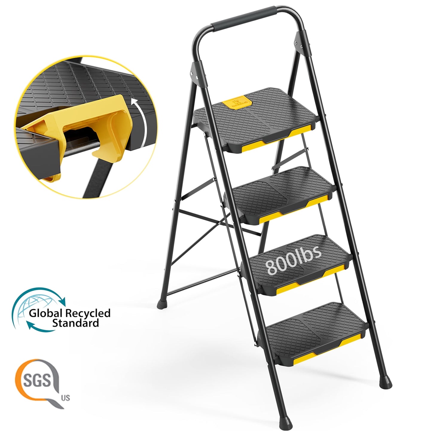 KK KINGRACK 4 Step Stool, Folding Step Ladder for Home&Outdoor, 800 lbs Capacity, Black
