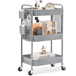 KK KINGRACK Metal Rolling Storage Cart, 3-Tier Utility Cart with Wheels & DIY Board, Grey（CZ830924-7）