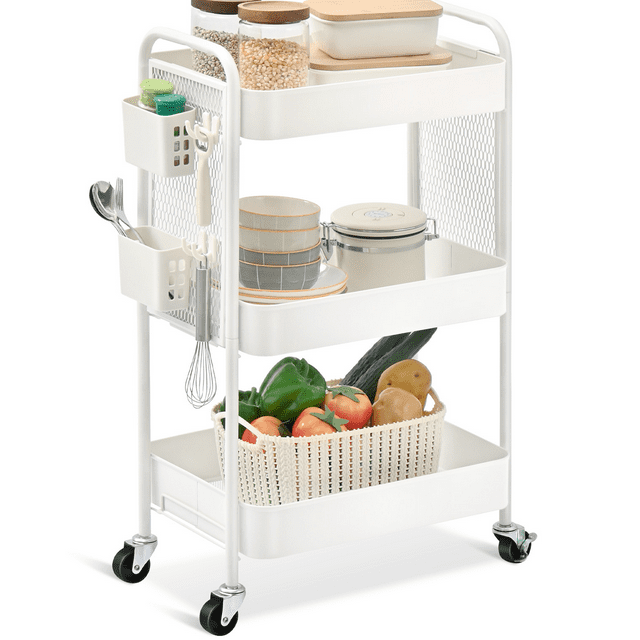 KK KINGRACK Rolling Cart, 3-Tier Utility Cart, Metal Storage Organizer with Wheels & DIY Board, White (CZ810435-W)