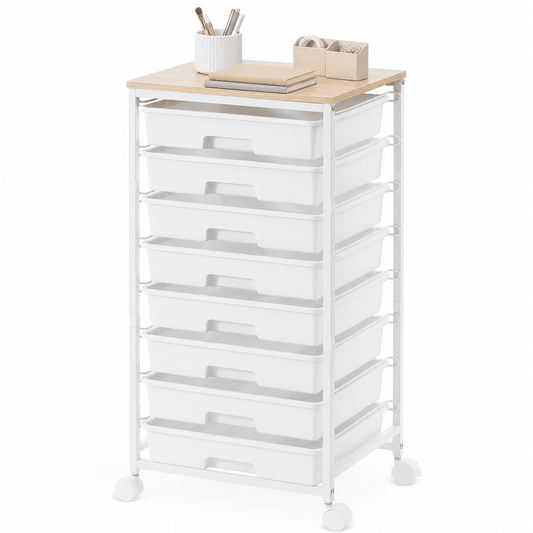KK KINGRACK Storage Rolling Drawer Cart, Drawer Organizer with 8 Drawers and Wooden Tabletop, Metal & Plastic, White
