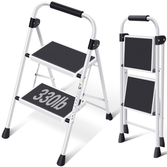 KK KINGRACK 2 Step Stool, Folding Step Ladder, Non-Slip feet, for Home, Office, 330lbs Capacity, White (WM-US-WK2207B-2-W)