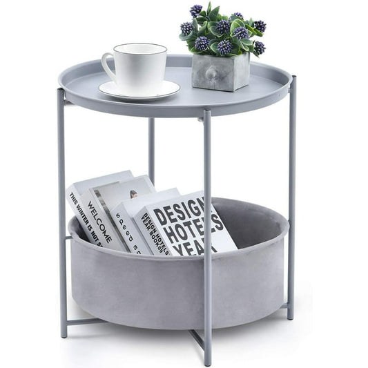 KK KINGRACK Side Table, Metal End Table, Coffee Table Tray, Sofa Side Snack Table with Detachable Tray Top and Fabric Storage Basket,WK131033-LKGY