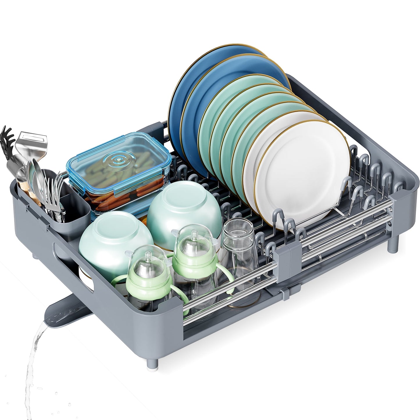 Kingrack Extendable Dish Rack, Dual Part Dish Drainers with Non-Scratch and Movable Cutlery Drainer and Drainage Spout, WK810172-6