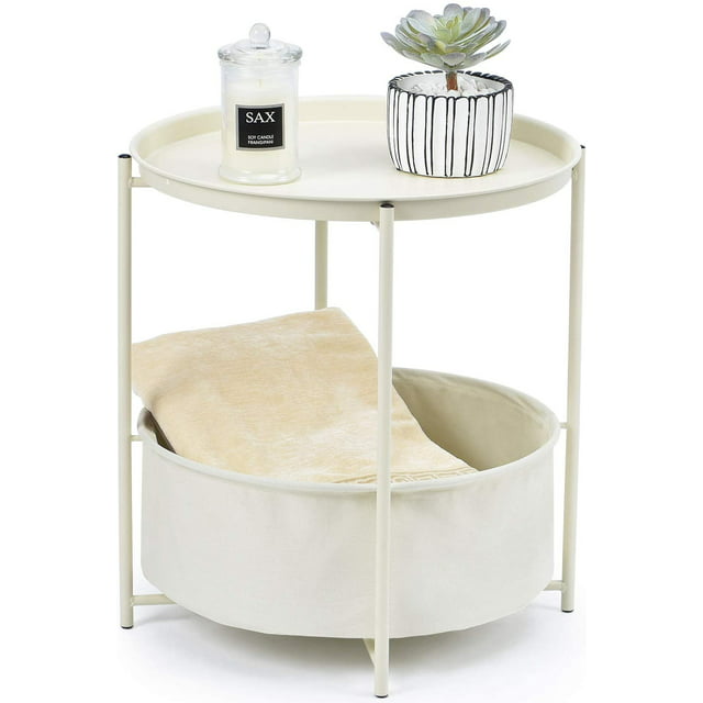 Kingrack Round End Table, Sofa Side Table with Storage Basket, Coffee Round Table, Small Bed Nightstand for Living Room Bedroom, Cream, WK131033-BGWT
