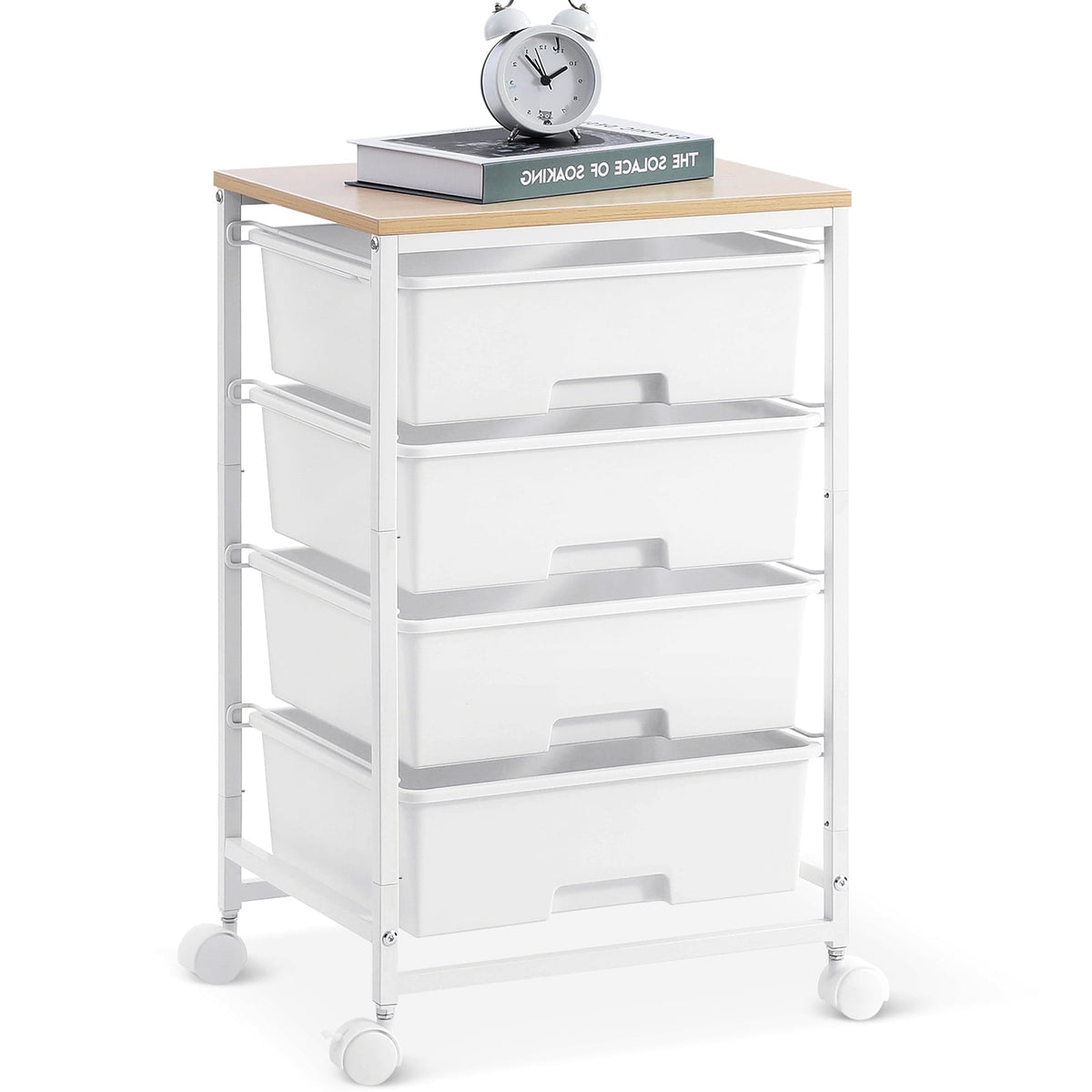 Rolling Storage Cart with 4 Drawers, KK KINGRACK Drawer Cart with Wooden Tabletop for Craft Office School Storage, White