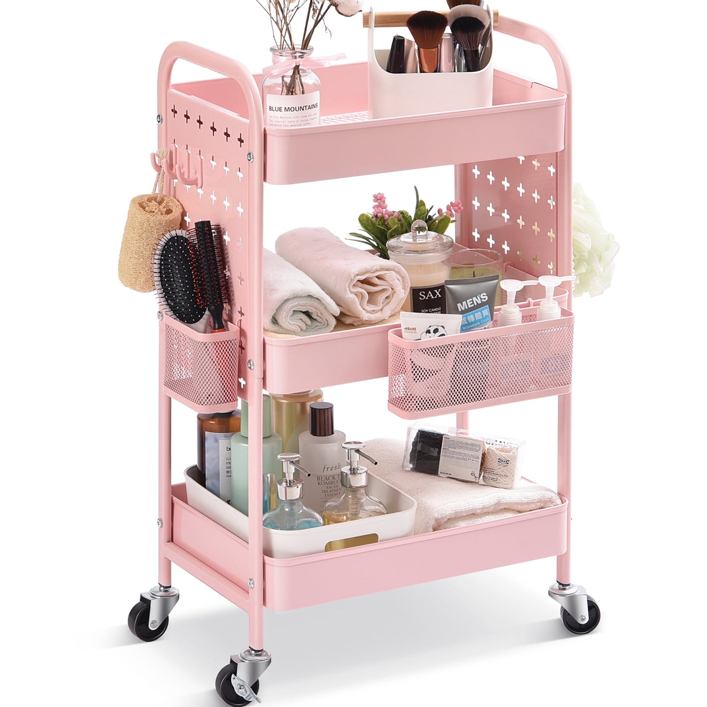 TOOLF 3-Tier Rolling Cart, Utility Storage Cart with DIY Dual Pegboards, Organizer Serving Trolley, Pink (WK830573-P)