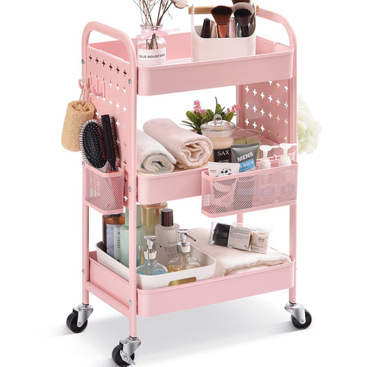 TOOLF 3-Tier Rolling Cart, Utility Storage Cart with DIY Dual Pegboards, Organizer Serving Trolley, Pink (WK830573-P)