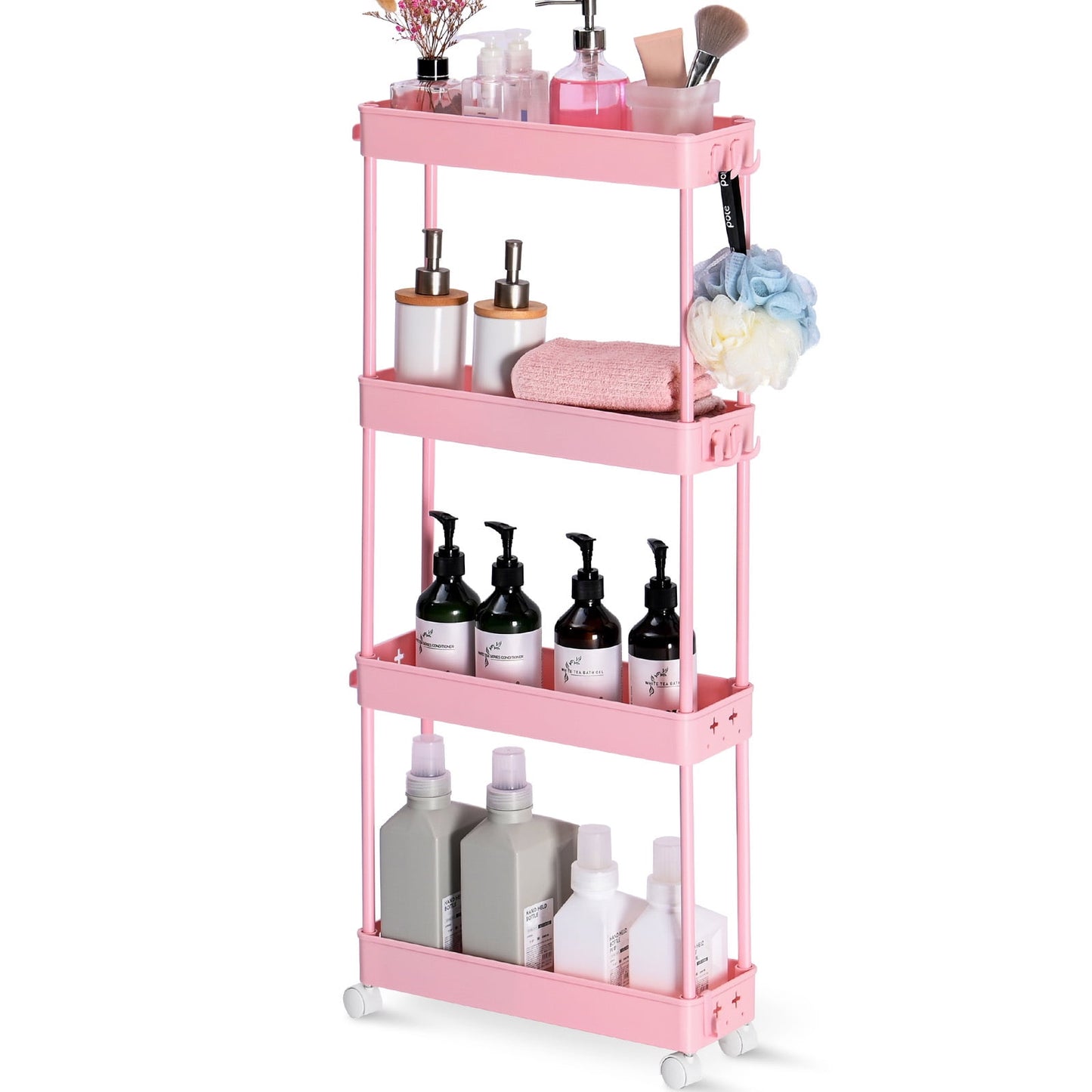 TOOLF 4 Tier Rolling Cart, Slim Storage Cart, Bathroom & Laundry Organizer for Office Kitchen Bedroom Laundry Room（RY810179-P）