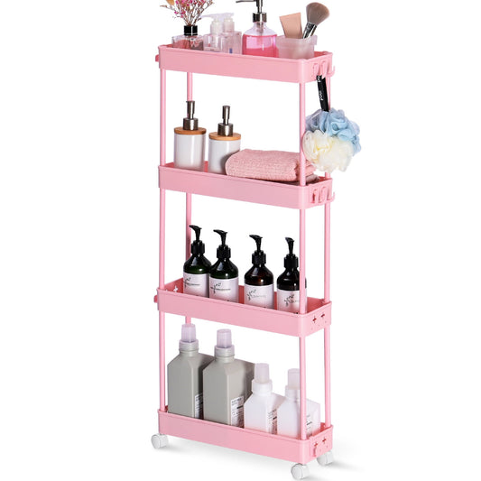 TOOLF 4 Tier Rolling Cart, Slim Storage Cart, Bathroom & Laundry Organizer for Office Kitchen Bedroom Laundry Room（RY810179-P）