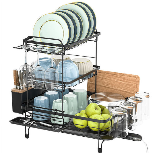 TOOLF Dish Drying Rack, 3-Tier Foldable Drying Rack for Kitchen with Tray and Utensil Holder, 16.89"L x12.64"W x6.81"H, Black(WK810680)