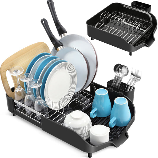TOOLF Dish Drying Rack , Removable Dish Drainer with Water Tray for Kitchen, Large Capacity, Black, 13.7"-20.47"Lx12.6"W(WK810700)