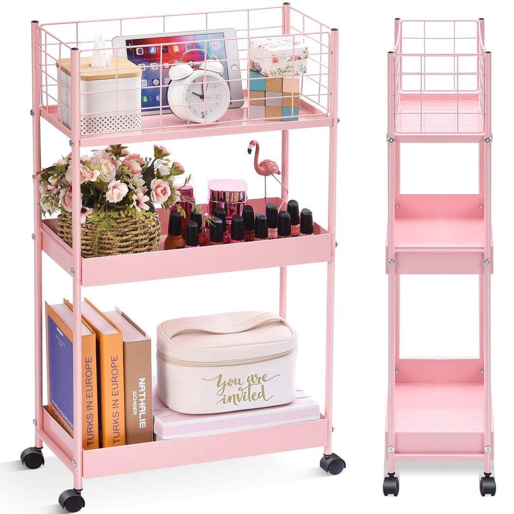 TOOLF Rolling Cart, 3-Tier Metal Cart, Slim Storage Cart for Home & Office, Pink (RY810076-P)