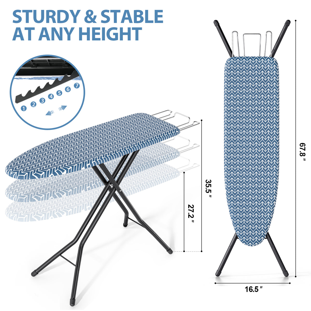 Foldable Ironing Board Full Size 43x13, 7level Height Adjustable — VC-DY-P1343H-22B-DF