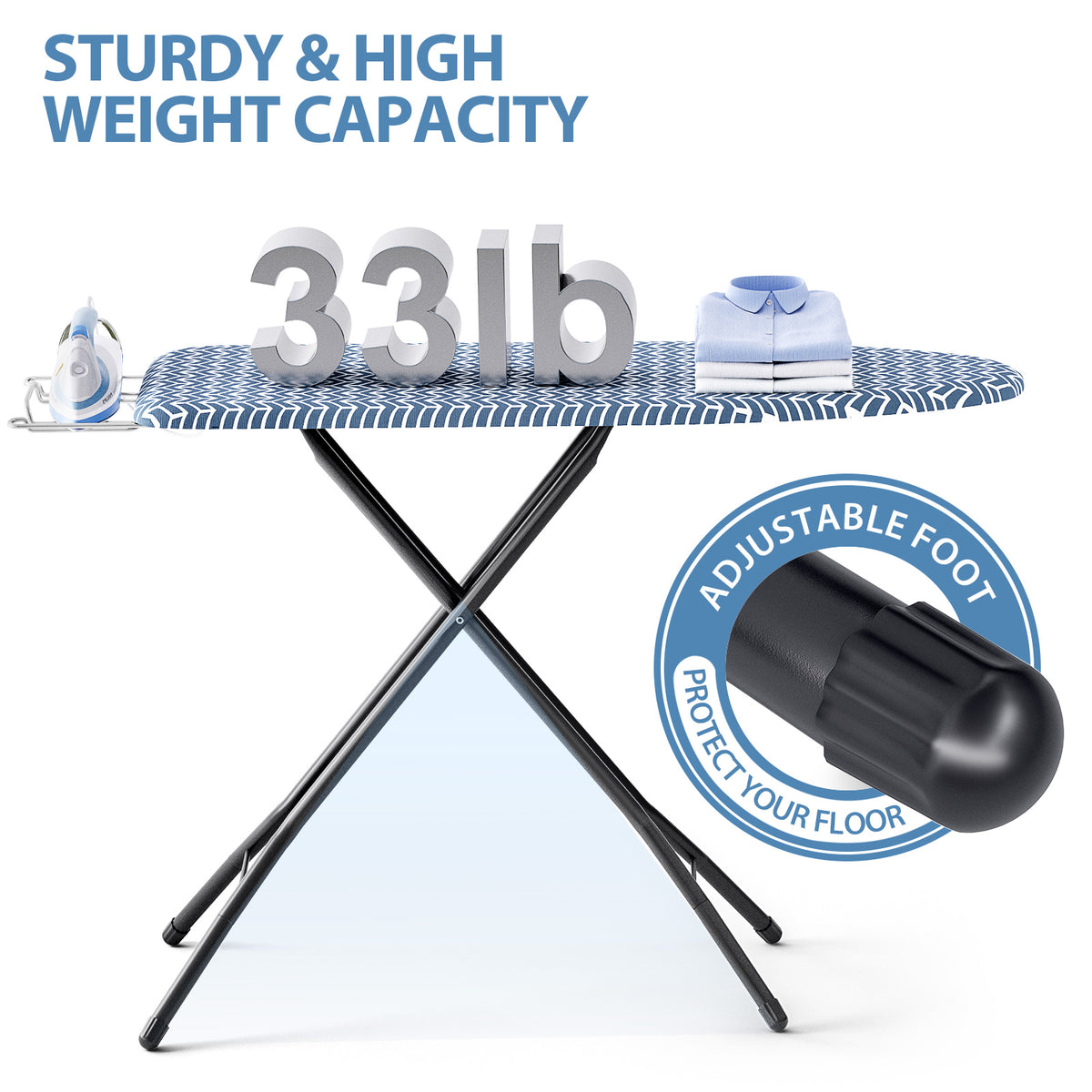 Foldable Ironing Board Full Size 43x13, 7level Height Adjustable — VC-DY-P1343H-22B-DF