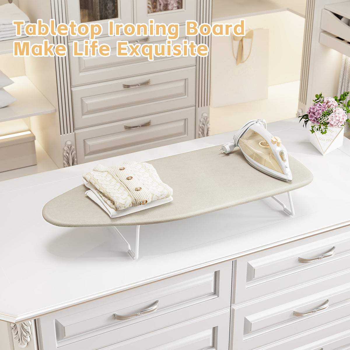 Small Ironing Board Tabletop, All-Metal Mesh Panel, for Dorm Apartment — VC-DY-TR1230D1-6-BE-DF