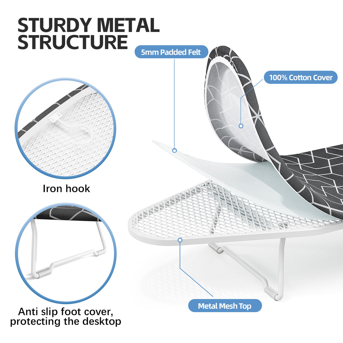 Small Ironing Board Tabletop, All-Metal Mesh Panel, for Dorm Apartment — VC-DY-TR1230D1-6-BK-DF