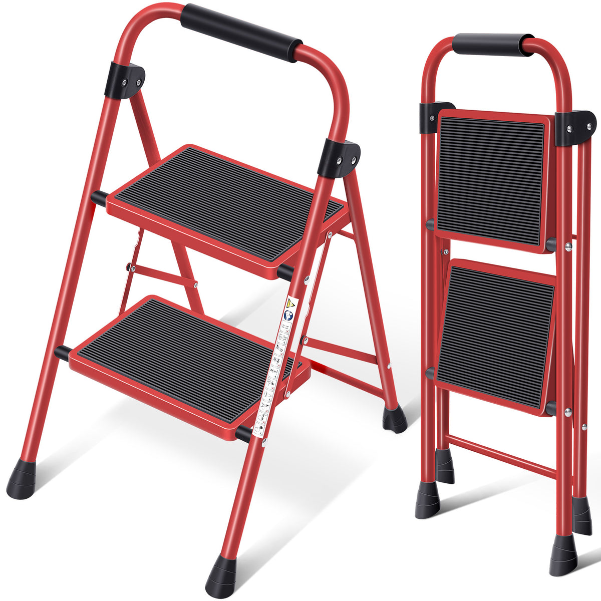 2 Step Ladder, Foldable Step Stool with Anti-Slip Pedal, Lightweight Stepladder for Kitchen, Household, Red — VC-DY-WK2207B-2-R-DF