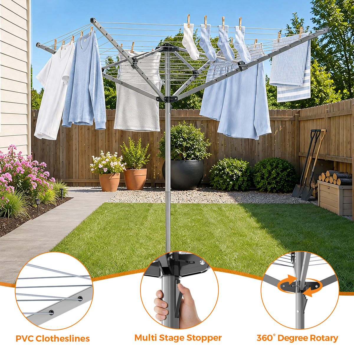 164Ft Outdoor Umbrella Clothes Drying Rack, 67.52" H, Collapsible 4-Arm Rotary Clothesline For Lawn, Garden & Backyard, Metal Frame For Outdoor Natural Laundry Drying — VC-KK-126401F-DF