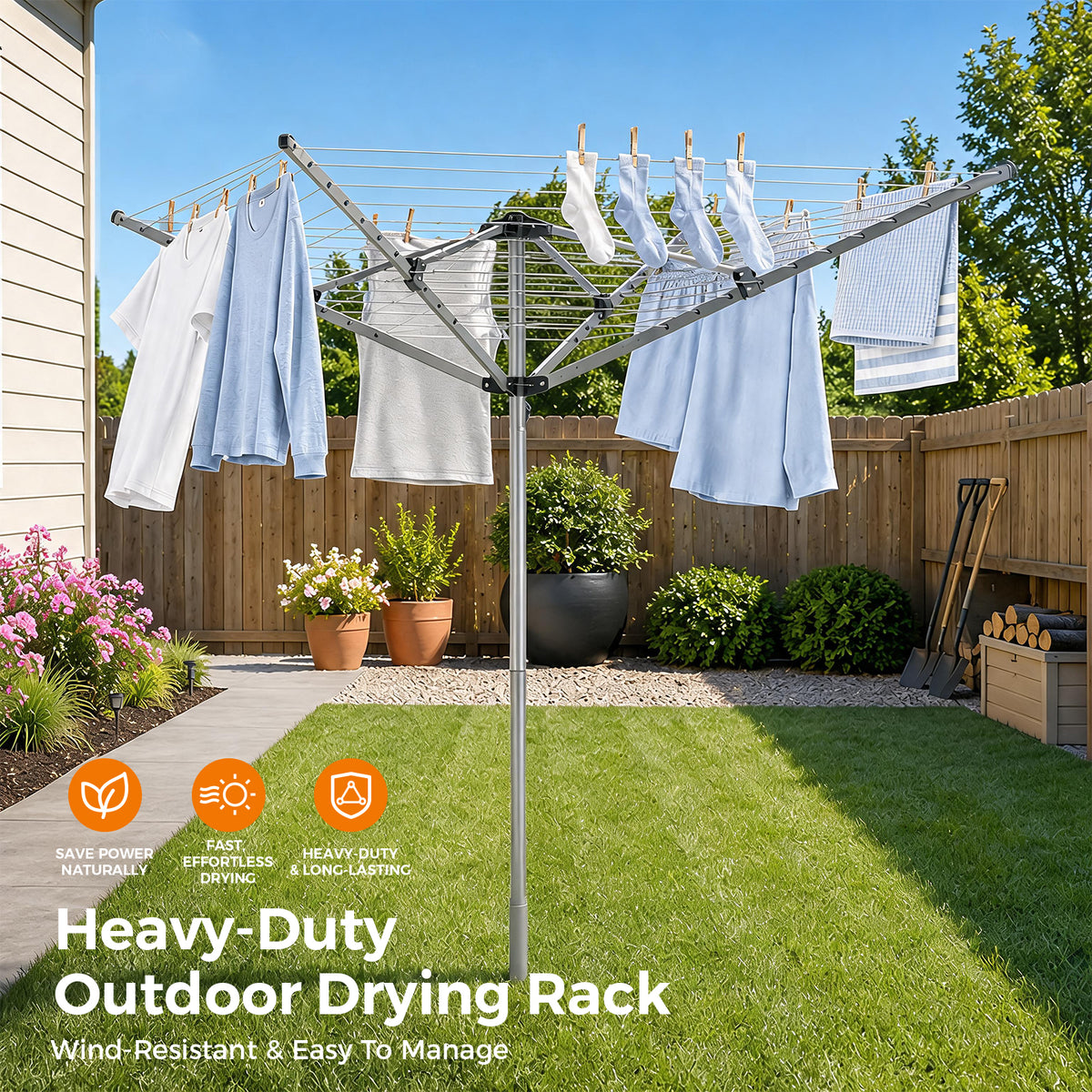 164Ft Outdoor Umbrella Clothes Drying Rack, 67.52" H, Collapsible 4-Arm Rotary Clothesline For Lawn, Garden & Backyard, Metal Frame For Outdoor Natural Laundry Drying — VC-KK-126401F-DF