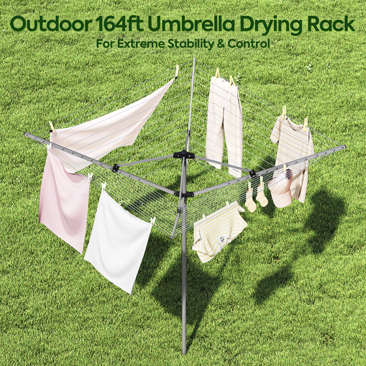 164Ft Outdoor Umbrella Clothes Drying Rack, 67.52" H, Collapsible 4-Arm Rotary Clothesline For Lawn, Garden & Backyard, Metal Frame For Outdoor Natural Laundry Drying — VC-KK-126401G-DF