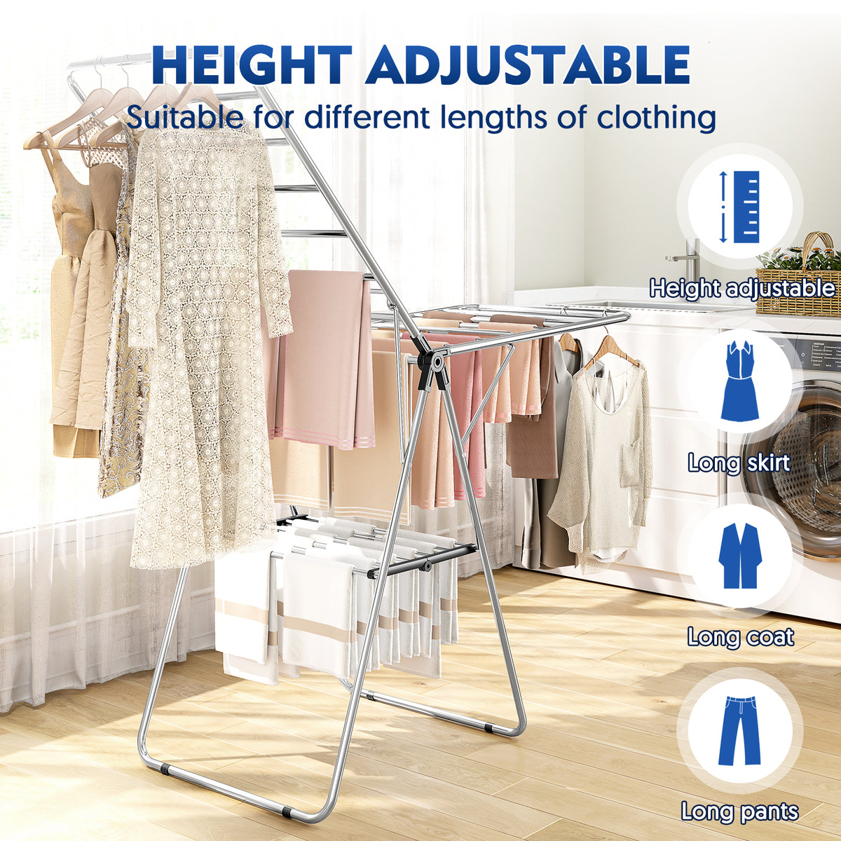 Large Stainless Steel Clothes Drying Rack, Fully Assembled Clothing Drying Rack, Height Adjustable & Foldable Gullwings Laundry Rack, Suitable for Indoor and Outdoor Use, Black — VC-KK-158206-BK-DF