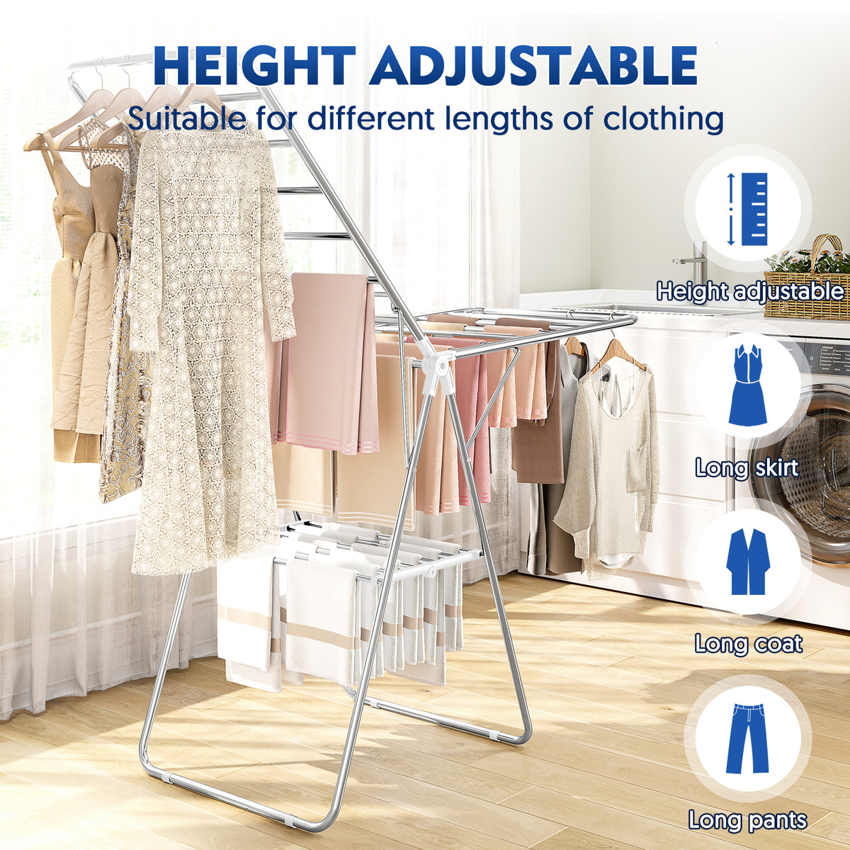 Large Stainless Steel Clothes Drying Rack, Fully Assembled Clothing Drying Rack, Height Adjustable & Foldable Gullwings Laundry Rack, Suitable for Indoor and Outdoor Use, White — VC-KK-158206-WT-DF