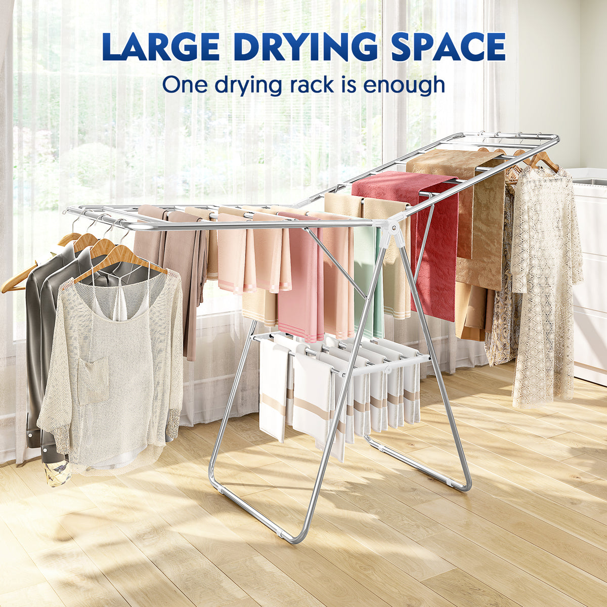 Large Stainless Steel Clothes Drying Rack, Fully Assembled Clothing Drying Rack, Height Adjustable & Foldable Gullwings Laundry Rack, Suitable for Indoor and Outdoor Use, White — VC-KK-158206-WT-DF
