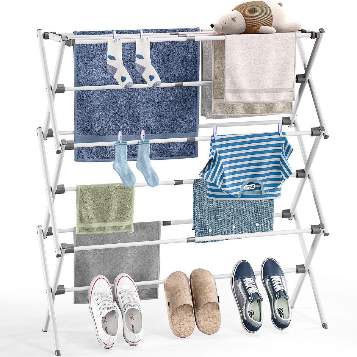 Large Foldable Clothes Drying Rack, Adjustable Length 24.49"-35.51"L, Rust Resistant Frame, 45.28" H x 14.57" D, Grey White — VC-KK-160301-DF