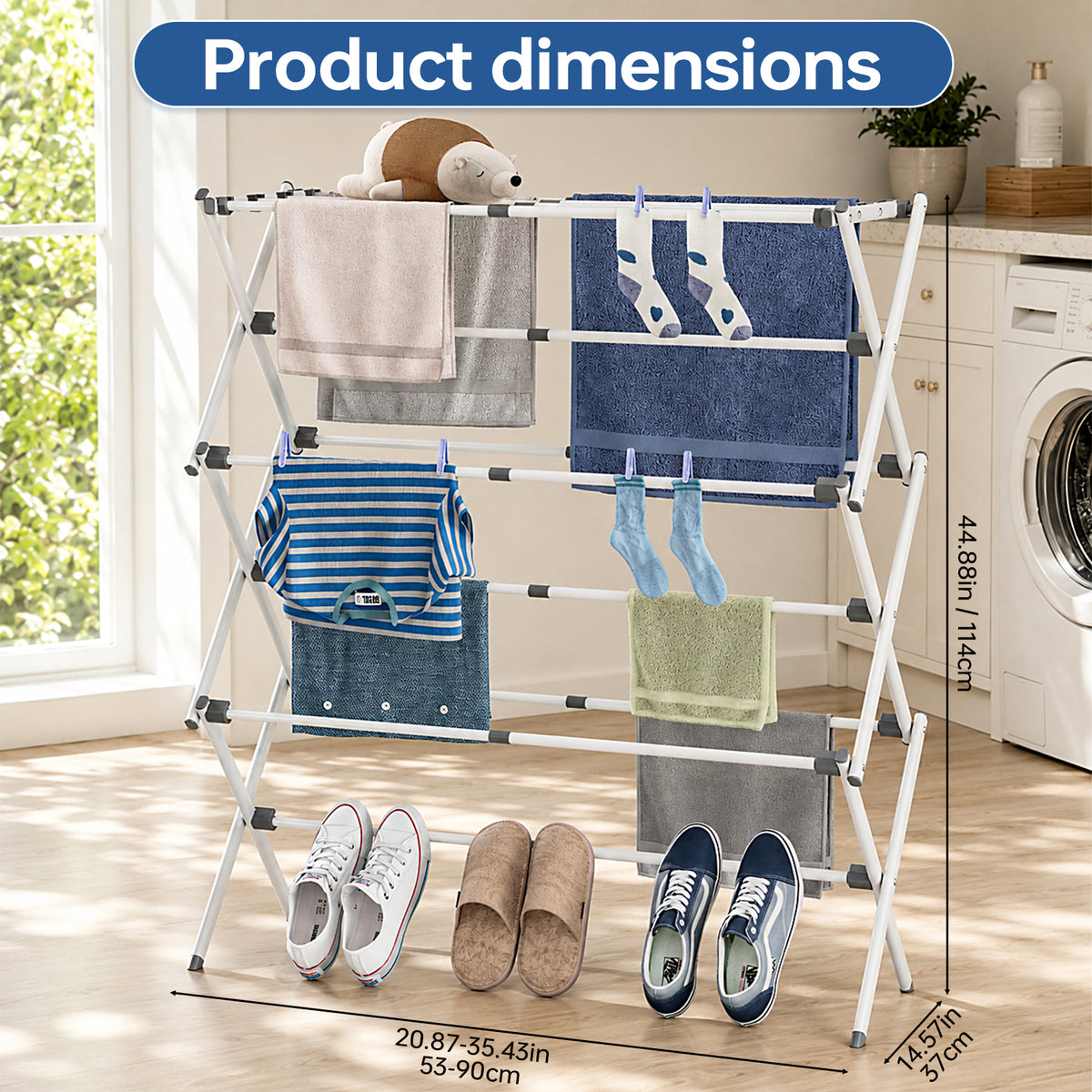 Large Foldable Clothes Drying Rack, Adjustable Length 24.49"-35.51"L, Rust Resistant Frame, 45.28" H x 14.57" D, Grey White — VC-KK-160301-DF