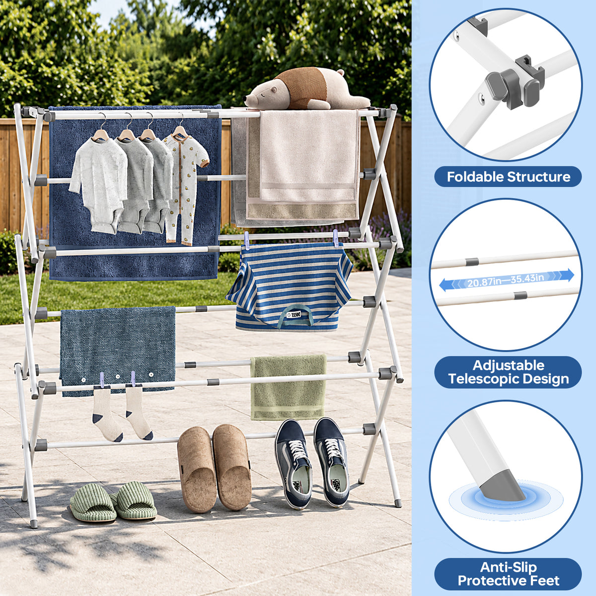 Large Foldable Clothes Drying Rack, Adjustable Length 24.49"-35.51"L, Rust Resistant Frame, 45.28" H x 14.57" D, Grey White — VC-KK-160301-DF