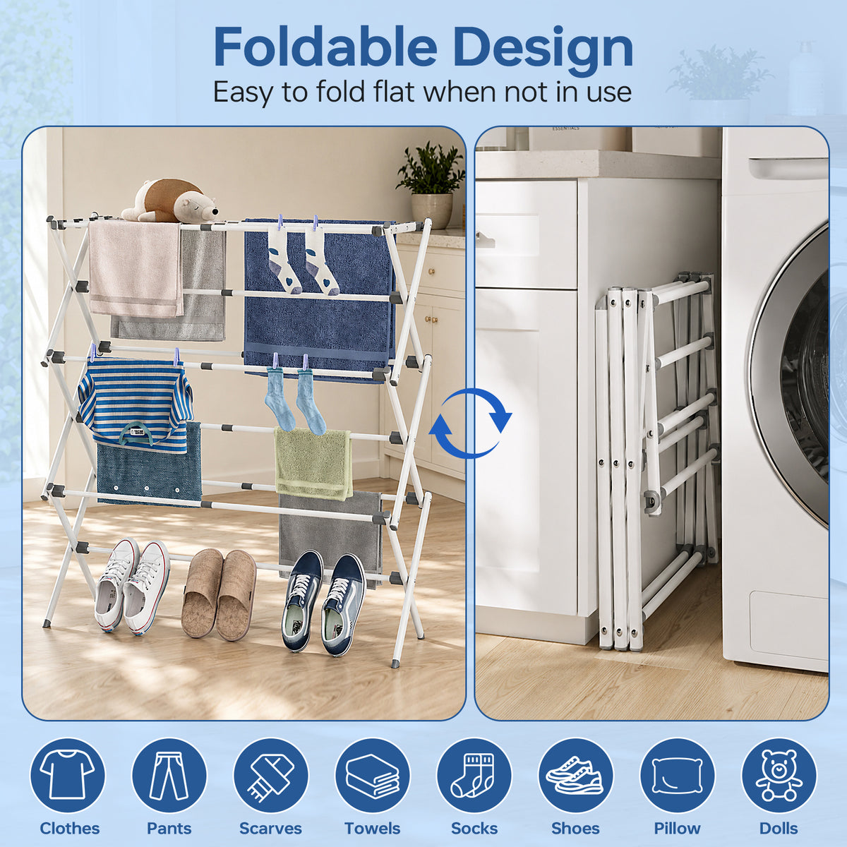 Large Foldable Clothes Drying Rack, Adjustable Length 24.49"-35.51"L, Rust Resistant Frame, 45.28" H x 14.57" D, Grey White — VC-KK-160301-DF
