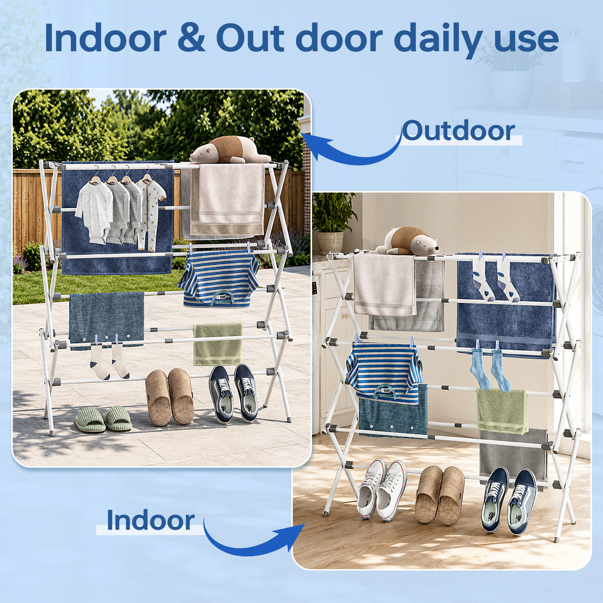 Large Foldable Clothes Drying Rack, Adjustable Length 24.49"-35.51"L, Rust Resistant Frame, 45.28" H x 14.57" D, Grey White — VC-KK-160301-DF
