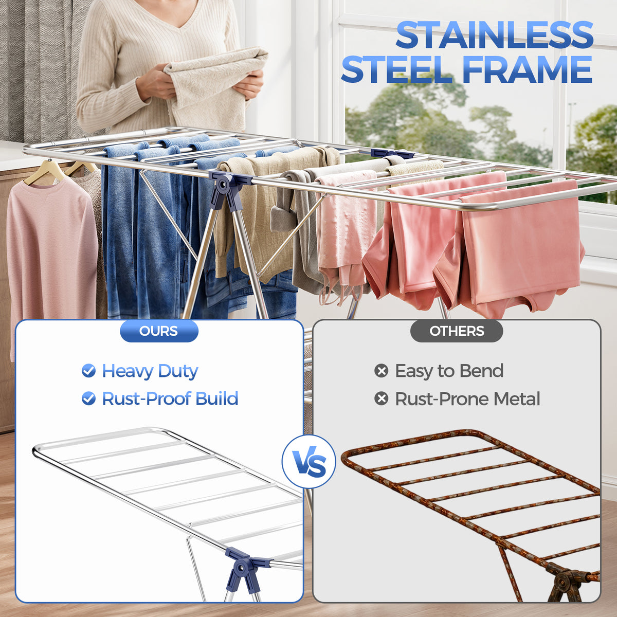 Clothes Drying Rack, Large Stainless Steel 4 Gullwings, Fully Assembled, Height Adjustable Foldable Laundry Airer, Indoor Outdoor, Black — VC-KK-161306-B-DF