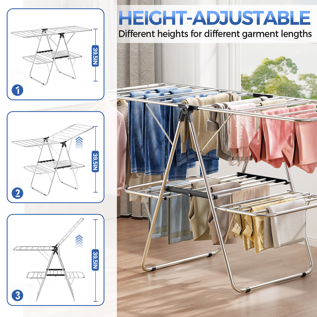Clothes Drying Rack, Large Stainless Steel 4 Gullwings, Fully Assembled, Height Adjustable Foldable Laundry Airer, Indoor Outdoor, Black — VC-KK-161306-BK-DF