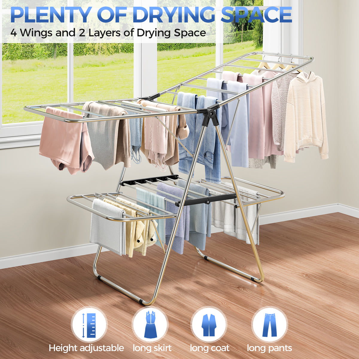 Clothes Drying Rack, Large Stainless Steel 4 Gullwings, Fully Assembled, Height Adjustable Foldable Laundry Airer, Indoor Outdoor, Black — VC-KK-161306-BK-DF