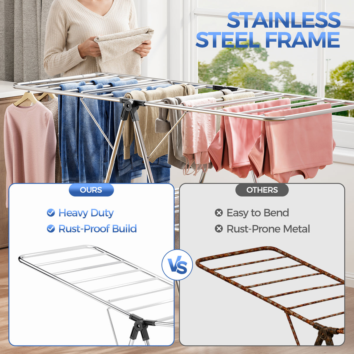 Clothes Drying Rack, Large Stainless Steel 4 Gullwings, Fully Assembled, Height Adjustable Foldable Laundry Airer, Indoor Outdoor, Black — VC-KK-161306-BK-DF