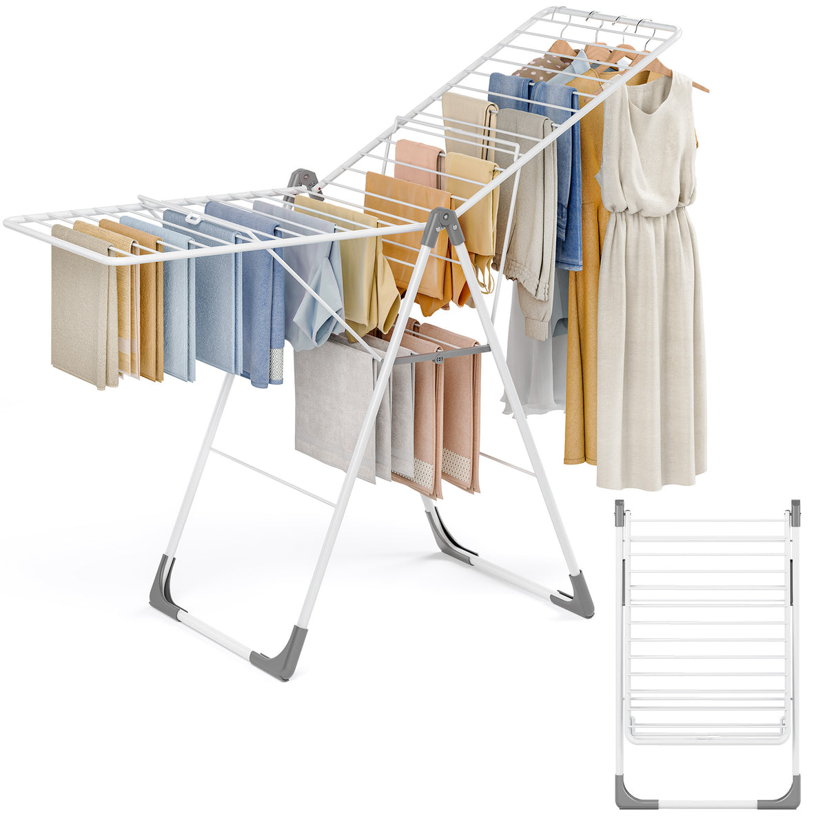 Clothes Drying Rack, Large Capacity Drying Rack Clothing, Foldable Space-Saving Laundry Rack with Height-Adjustable, Indoors & Outdoors Use, 20.47"D x 70"W x 42.52"H Pearl White — VC-KK-161501A-W-NEW-DF