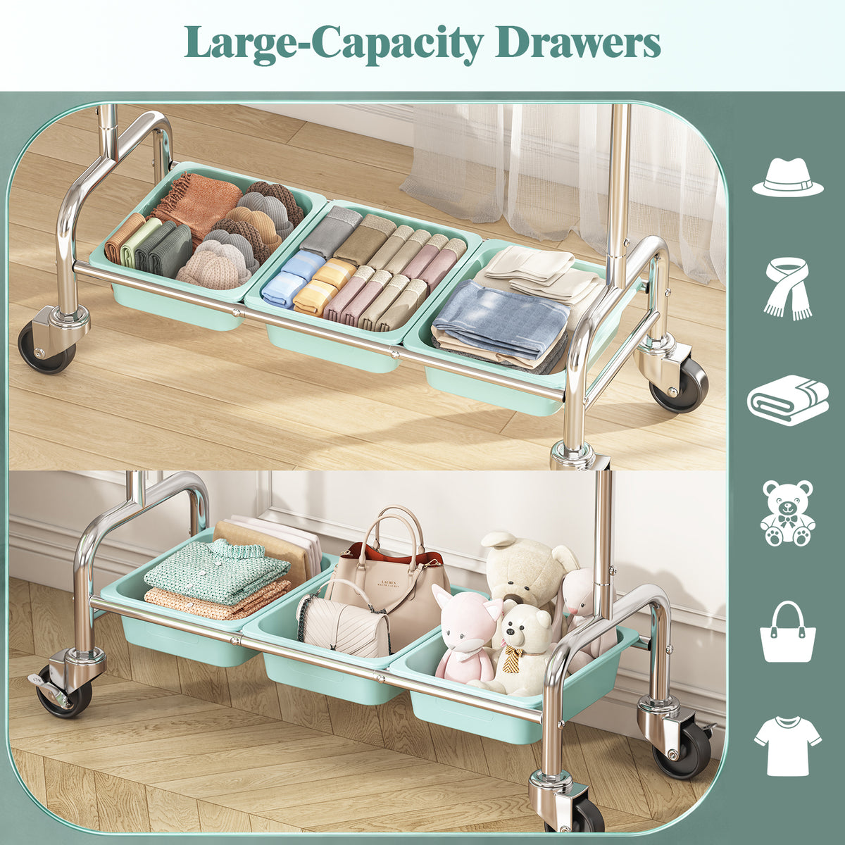 Stainless Steel Clothes Rack, Rolling Clothing Rack for Hanging Clothes with Drawers, Extendable Garment Rack with Wheels for Bedroom, Blue — VC-KK-212106-BU-DF