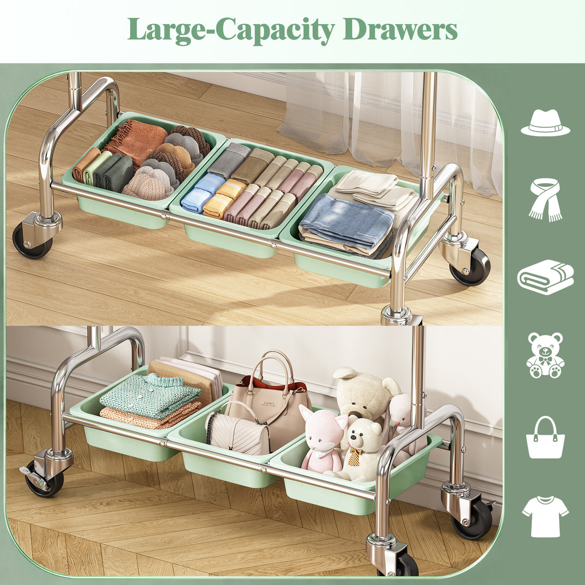 Stainless Steel Clothes Rack, Rolling Clothing Rack for Hanging Clothes with Drawers, Extendable Garment Rack with Wheels for Bedroom, Green — VC-KK-212106-GN-DF