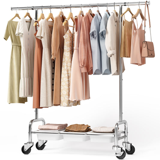 Stainless Steel Clothes Rack, Rolling Clothing Rack for Hanging Clothes with Drawers, Extendable Garment Rack with Wheels for Bedroom, White — VC-KK-212106-W-DF