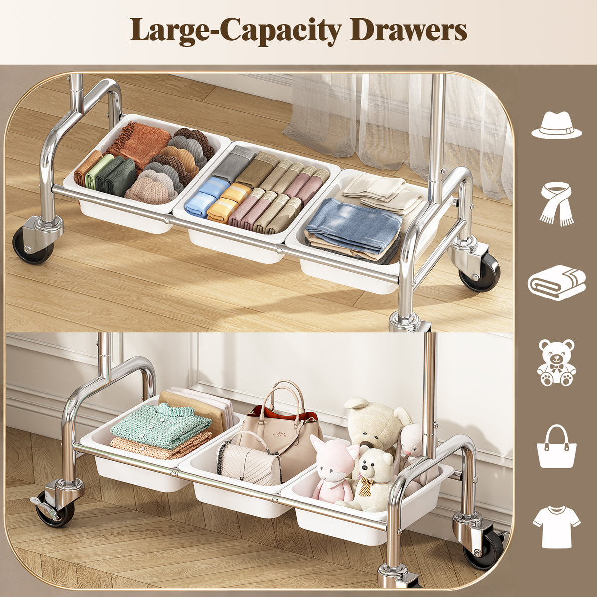 Stainless Steel Clothes Rack, Rolling Clothing Rack for Hanging Clothes with Drawers, Extendable Garment Rack with Wheels for Bedroom, White — VC-KK-212106-W-DF