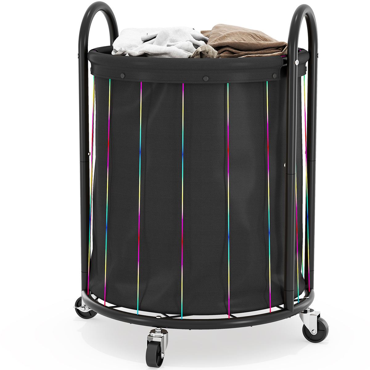 170L Large Round Laundry Hamper with Wheels, Removable Waterproof Liner Bag, Steel Frame Rolling Laundry Cart, Black — VC-KK-400301-BK-DF