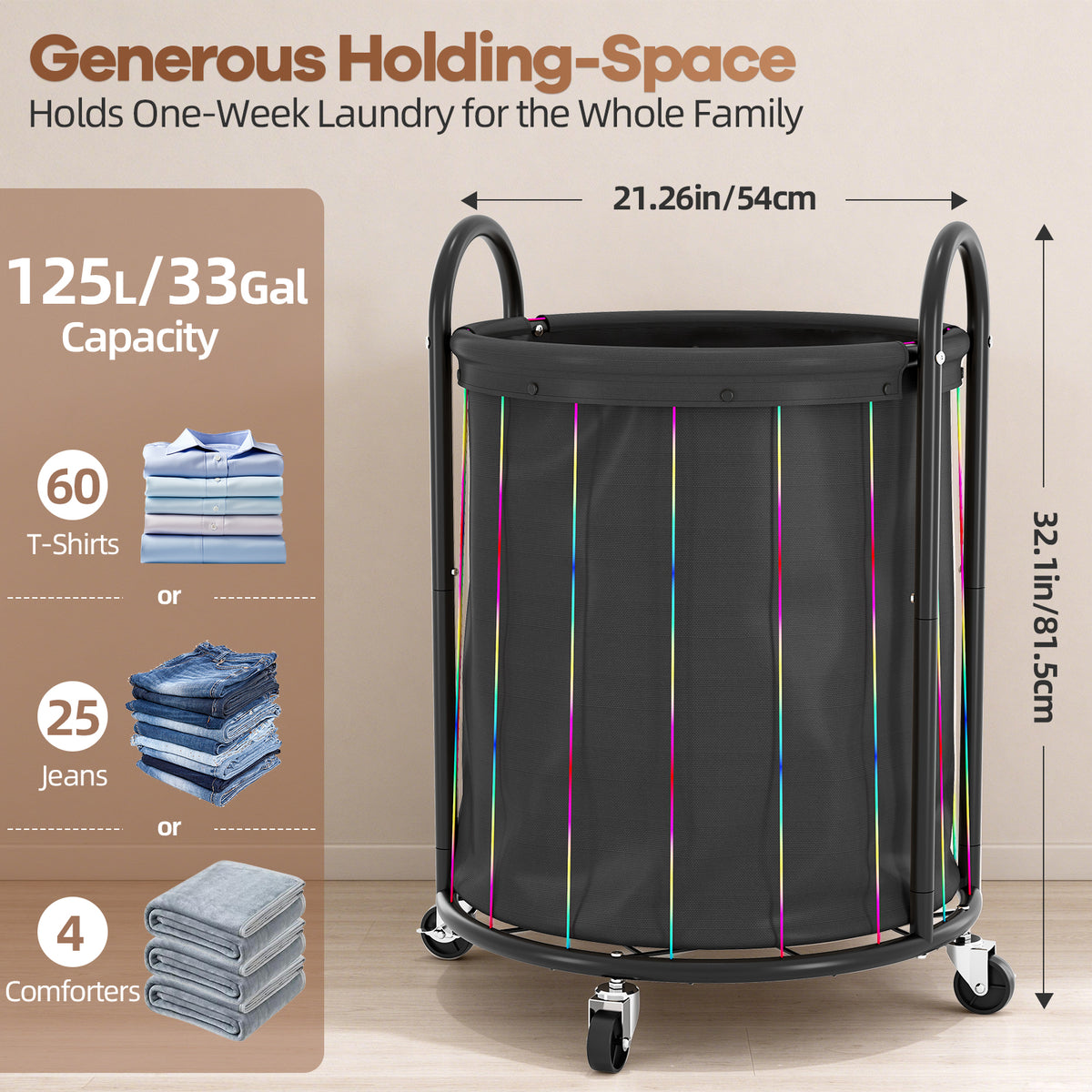 170L Large Round Laundry Hamper with Wheels, Removable Waterproof Liner Bag, Steel Frame Rolling Laundry Cart, Black — VC-KK-400301-BK-DF